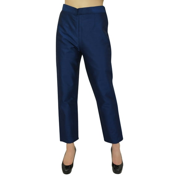Phagun Women's Blue Dupion Pants High Waist Narrow Bottom Trousers-Small