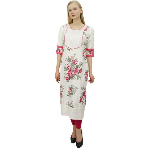 Phagun Women's Casual Off White Tunic Straight Printed Rayon Kurti Kurta Top-4