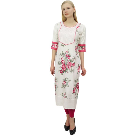 Phagun Women's Casual Off White Tunic Straight Printed Rayon Kurti Kurta Top-8