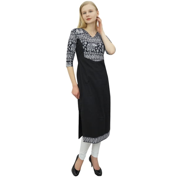 Phagun Women's Cotton Designer Kurta Black Tunic Ethnic 3/4 Sleeve Kurta-18