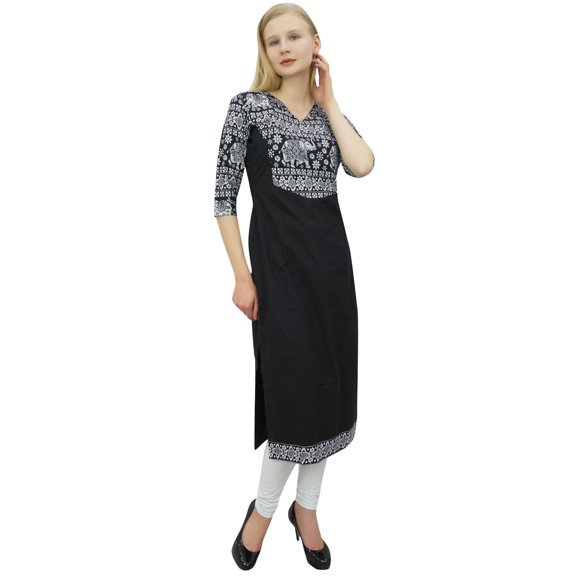 Phagun Women's Cotton Designer Kurta Black Tunic Ethnic 3/4 Sleeve Kurta-18