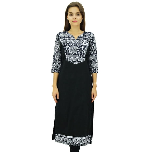Phagun Women's Cotton Designer Kurta Black Tunic Ethnic 3/4 Sleeve Kurta-4