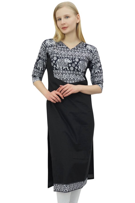 Women's Cotton Designer Kurta Black Tunic Ethnic 3/4 Sleeve Kurta-6