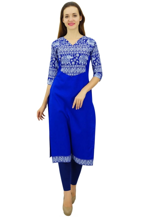 Women's Cotton Designer Kurta Blue Tunic Ethnic 3/4 Sleeve Kurta-4