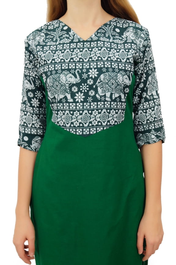 Women's Cotton Designer Kurta Green Tunic Ethnic 3/4 Sleeve Kurta-18