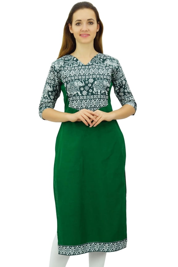 Women's Cotton Designer Kurta Green Tunic Ethnic 3/4 Sleeve Kurta-22