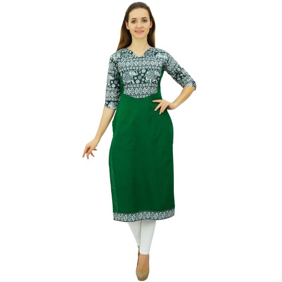 Phagun Women's Cotton Designer Kurta Green Tunic Ethnic 3/4 Sleeve Kurta-24