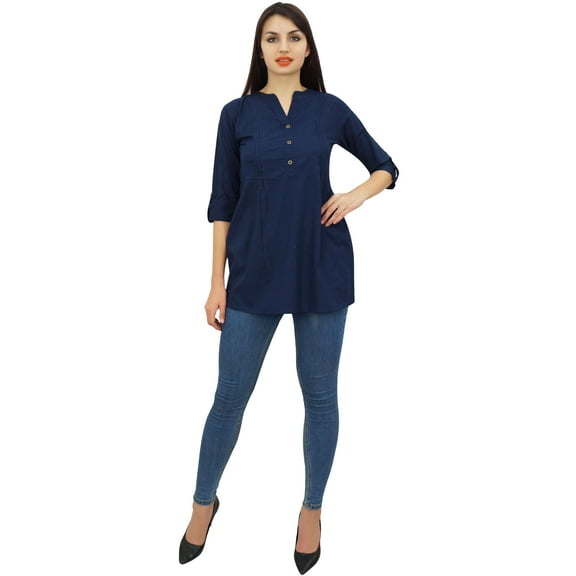 Phagun Women's Cotton Pink Tuck Navy Blue Blouse 3/4 Sleeve Casual Shirt Top- 14