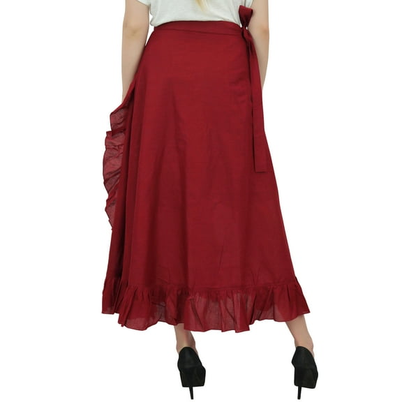 Phagun Women's Cotton Ruffled Self Belt Solid Magic Wrap Hippie Skirt-Maroon