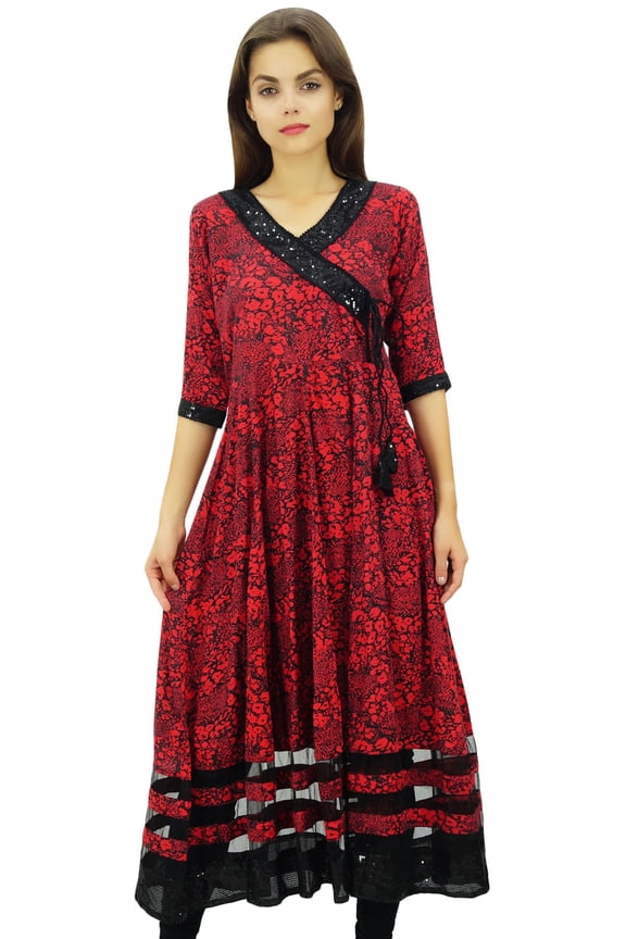 Women's Designer A-Line Red Angrakha Style Kurta Dress Flared Tunic-20