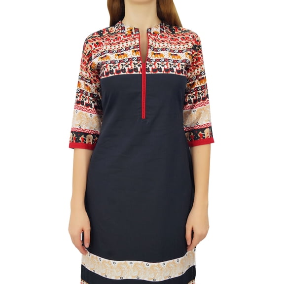 Phagun Women's Designer Black Straight Kurti Dress Ethnic Band Collar Kurta - 20