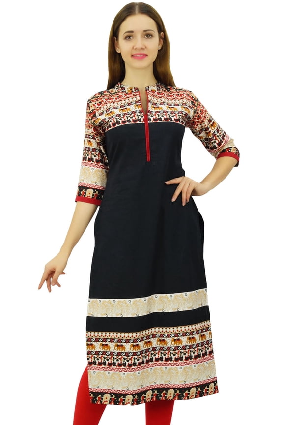 Women's Designer Black Straight Kurti Dress Ethnic Band Collar Kurta - 8