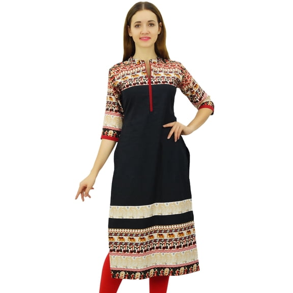 Phagun Women's Designer Black Straight Kurti Dress Ethnic Band Collar Kurta - 8
