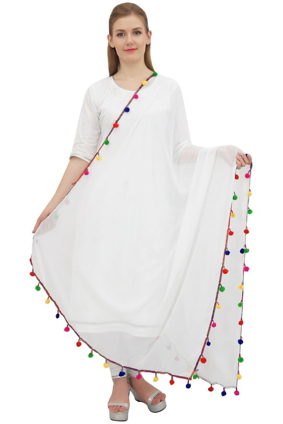 Women's Designer Chiffon Dupatta Ethnic Chunni Wrap Long Stole-White