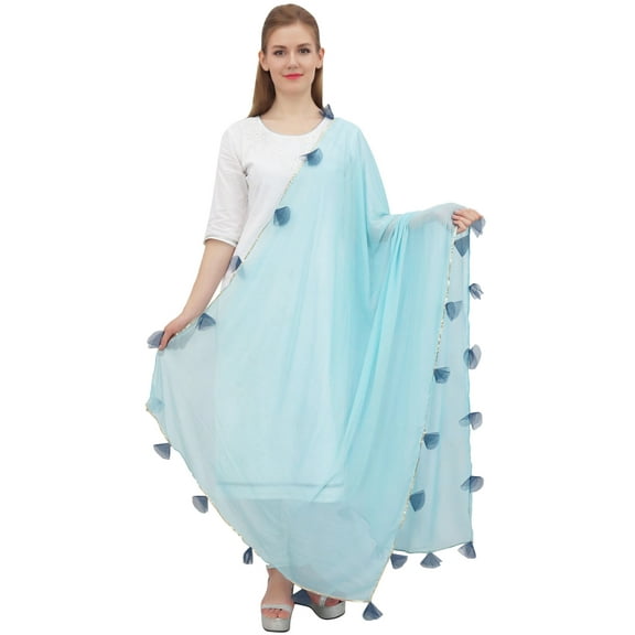 Phagun Women's Designer Chiffon Dupatta Indian Long Stole Tassel Scarfs-Light Blue