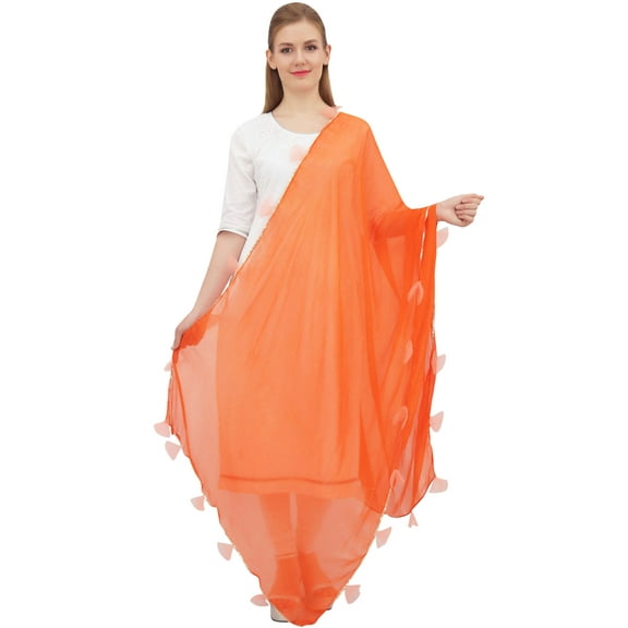 Phagun Women's Designer Chiffon Dupatta Indian Long Stole Tassel Scarfs-Orange