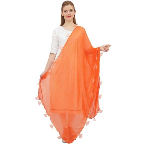 Phagun Women's Designer Chiffon Dupatta Indian Long Stole Tassel Scarfs-Orange