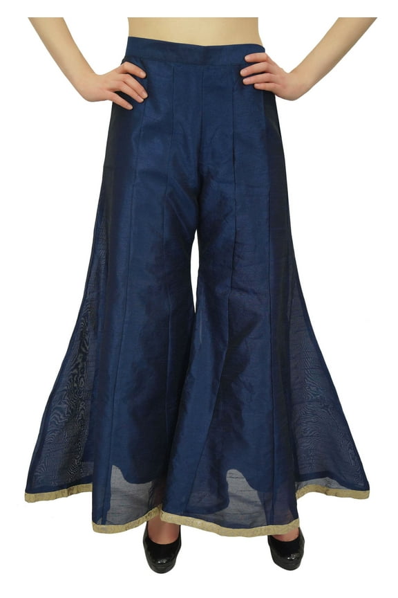 Women's Designer Navy Blue Dupion Sarara Pant Trousers Wear-Small