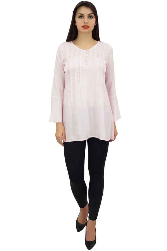 Women's Designer Pink Top Rayon Flounce Sleeve Loose Blouse Shirt - 22