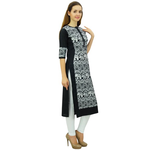 Phagun Women's Designer Straight Black Kurta 3/4 Sleeve Printed Casual Kurti-12