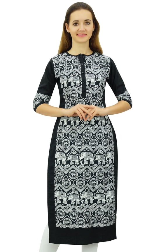 Women's Designer Straight Black Kurta 3/4 Sleeve Printed Casual Kurti-4