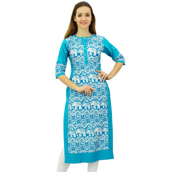 Phagun Women's Designer Straight Blue Kurta 3/4 Sleeve Printed Casual Kurti-4