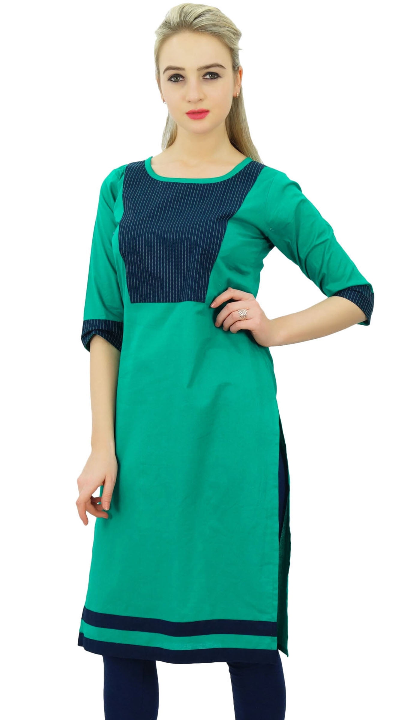 Phagun Women's Designer Straight Green Solid Kurti Kurta Summer Cotton Tunic-18
