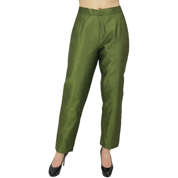 Phagun Women's Dupion Pants High Waist Green Narrow Bottom Trousers-Medium