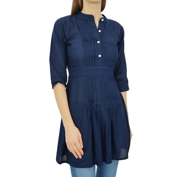 Phagun Women's Elegant Short Tunic Mandarin-Collar Kurti Chic Casual Cotton Top