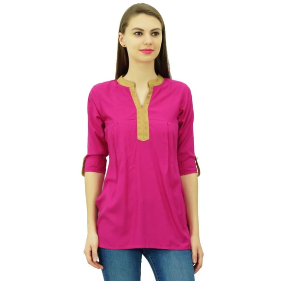 Phagun Women's Elegant Short Tunic Mandarin-Collar Kurti Chic Casual Cotton Top