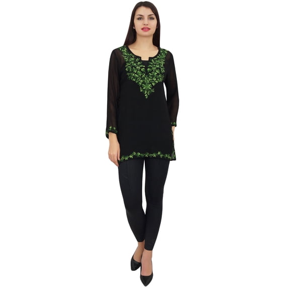 Phagun Women's Floral Aari Work Black Casual Tunic Long Sleeve Georgette Top-4