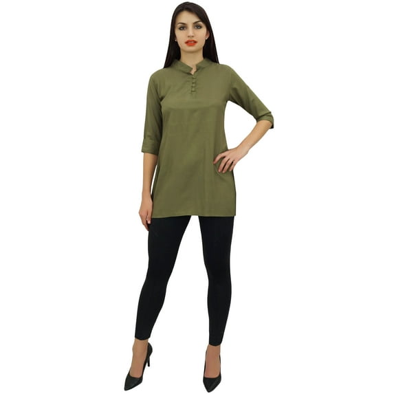 Phagun Women's Green Cotton Modal 3/4 Sleeve Button Down Blouse Shirt Top - 16