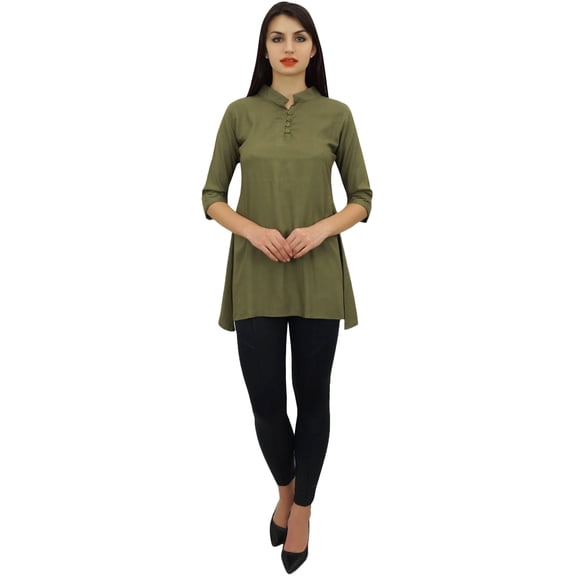Phagun Women's Green Cotton Modal 3/4 Sleeve Button Down Blouse Shirt Top - 22