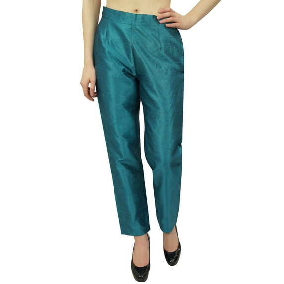 Phagun Women's Green Dupion Pants High Waist Narrow Bottom Trousers-Small