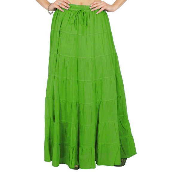 Phagun Women's Green Summer Cotton Skirt Ethnic Design Drawstring Waist - 24