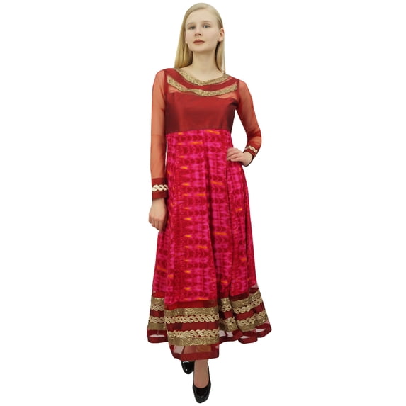 Phagun Women's Long Designer Anarkali Fuschia Kurti Long Sleeve Kurta Maxi-4