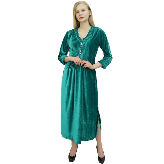 Phagun Women's Long Sleeve Teal Green Loose Maxi Dresses Casual With Pockets-22