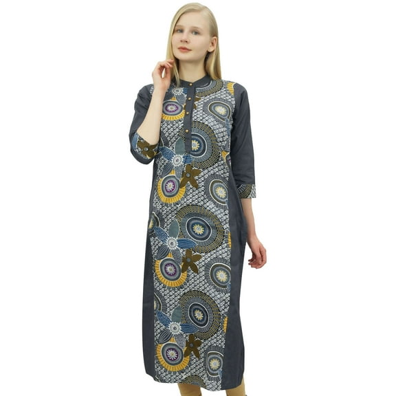 Phagun Women's Mandarin Collar Gray Kurta Kurti Cotton Tunic Indian Clothing-14