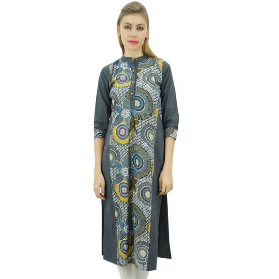 Phagun Women's Mandarin Collar Gray Kurta Kurti Cotton Tunic Indian Clothing-4
