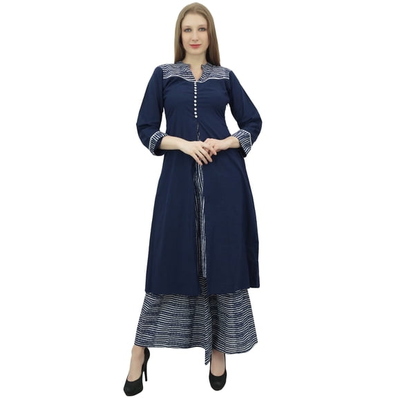 Phagun Women's Navy Blue A-Line Kurti Kurta Dress With Palazzo Indian Clothing-12