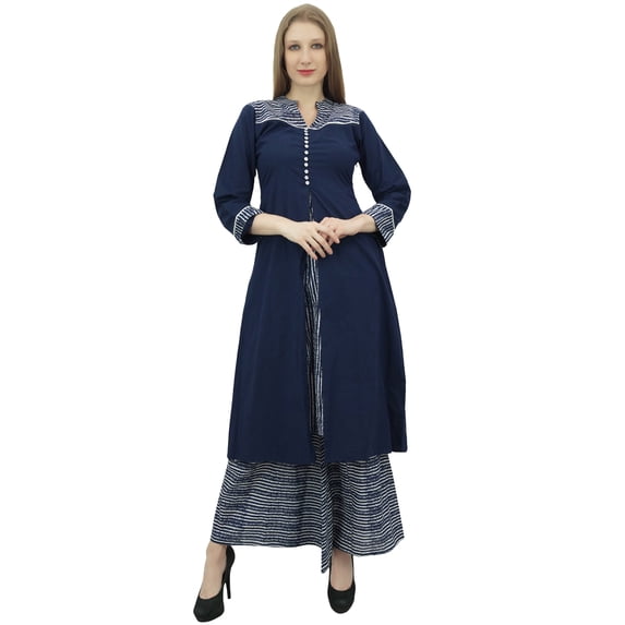 Phagun Women's Navy Blue A-Line Kurti Kurta Dress With Palazzo Indian Clothing-16