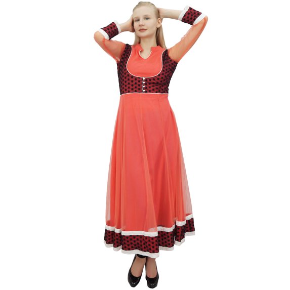 Phagun Women's Peach Bollywood Tunic Designer Ethnic Net Anarkali Kurta-4