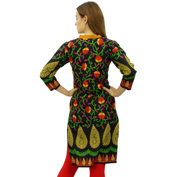Phagun Women's Printed Blouse Tunic 3/4 Sleeve Black Kurta Ethnic Clothing - 10
