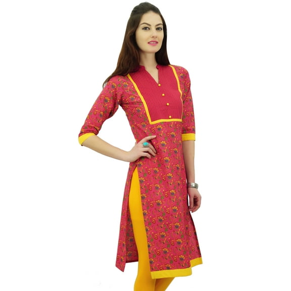 Phagun Women's Printed Cotton Tunic 3/4 Sleeve Pink Straight Indian Kurti - 10