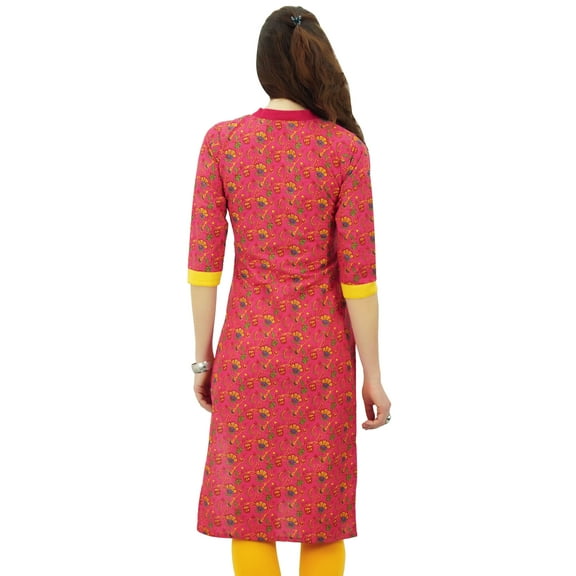Phagun Women's Printed Cotton Tunic 3/4 Sleeve Pink Straight Indian Kurti - 12