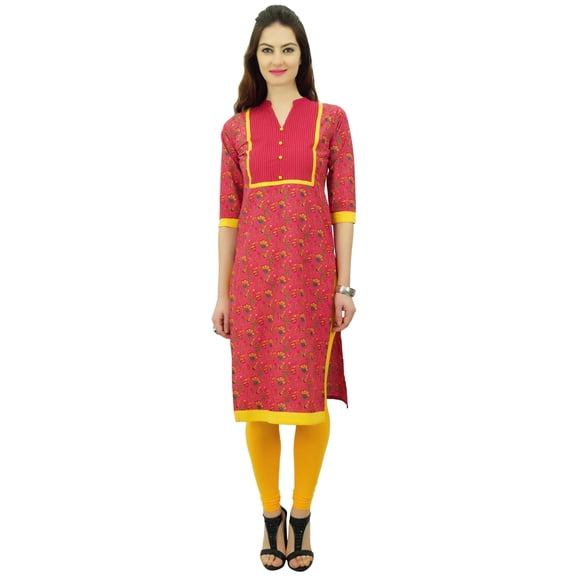 Phagun Women's Printed Cotton Tunic 3/4 Sleeve Pink Straight Indian Kurti - 14