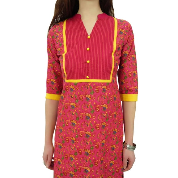 Phagun Women's Printed Cotton Tunic 3/4 Sleeve Pink Straight Indian Kurti - 18