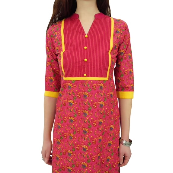 Phagun Women's Printed Cotton Tunic 3/4 Sleeve Pink Straight Indian Kurti - 18