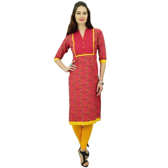 Phagun Women's Printed Cotton Tunic 3/4 Sleeve Pink Straight Indian Kurti - 4