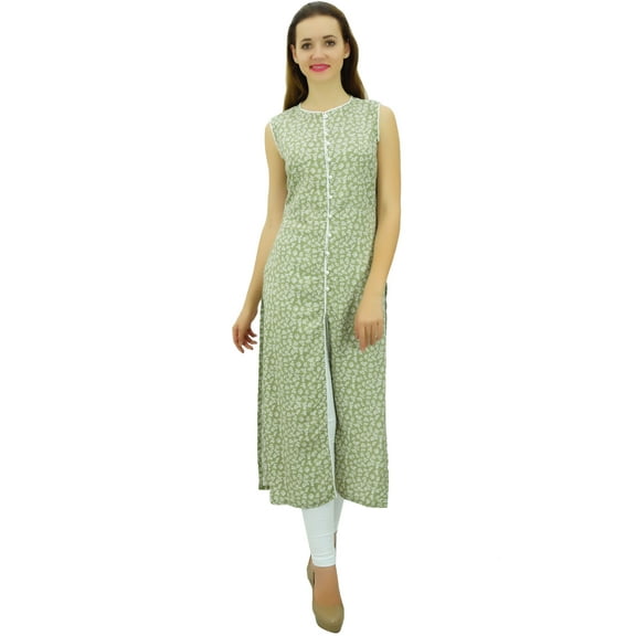 Phagun Women's Printed Cotton Tunic Sleeveless Green Kurta Front Cut Kurti-16